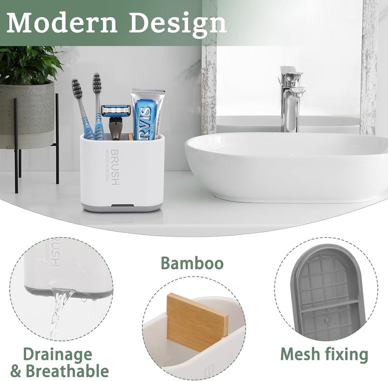 Chintu Toothbrush and Toothpaste Holder with Bamboo Divider for Bathroom Countertop Organizer, Detachable for Easy Clean, 2 Slots Electric Toothbrush Holders Storage Caddy Drainage for Family-White - Image 2